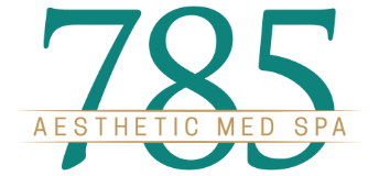 Logo of 785 Aesthetic Med Spa with teal and gold colors.
