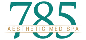 Logo of 785 Aesthetic Med Spa with teal and gold colors.