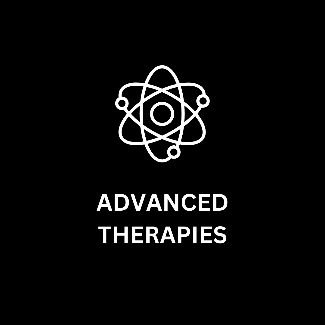 Logo for 'Advanced Therapies' with a white atom symbol on a black background
