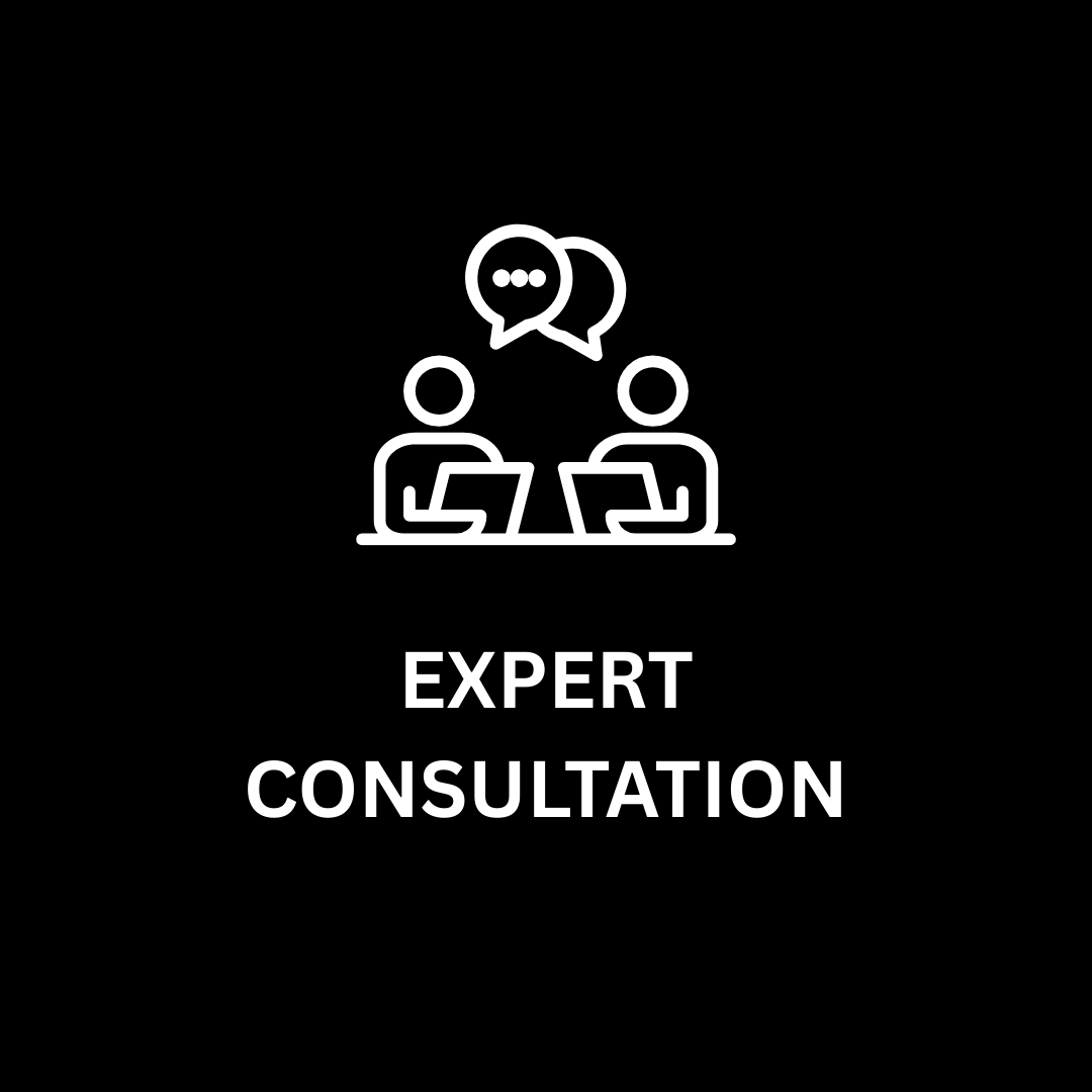 Icon of people with speech bubbles and text 'Expert Consultation' on a black background