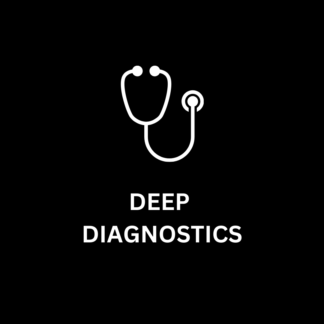 Stethoscope icon with 'DEEP DIAGNOSTICS' text on a black background