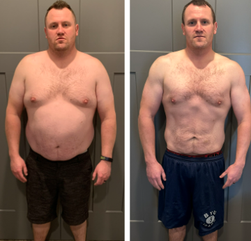 Before and after transformation of a person in front of a tiled wall.