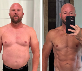 Before and after transformation of a man taking a mirror selfie.