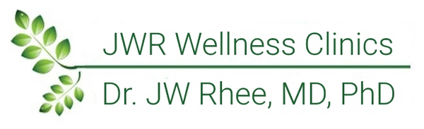 Logo of JWR Wellness Clinics with a green leaf design and text for Dr. JW Rhee, MD, PhD.