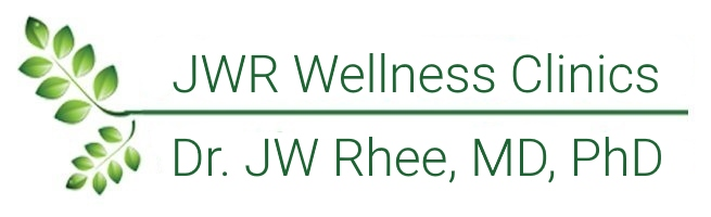 Logo of JWR Wellness Clinics with a green leaf design and text for Dr. JW Rhee, MD, PhD.